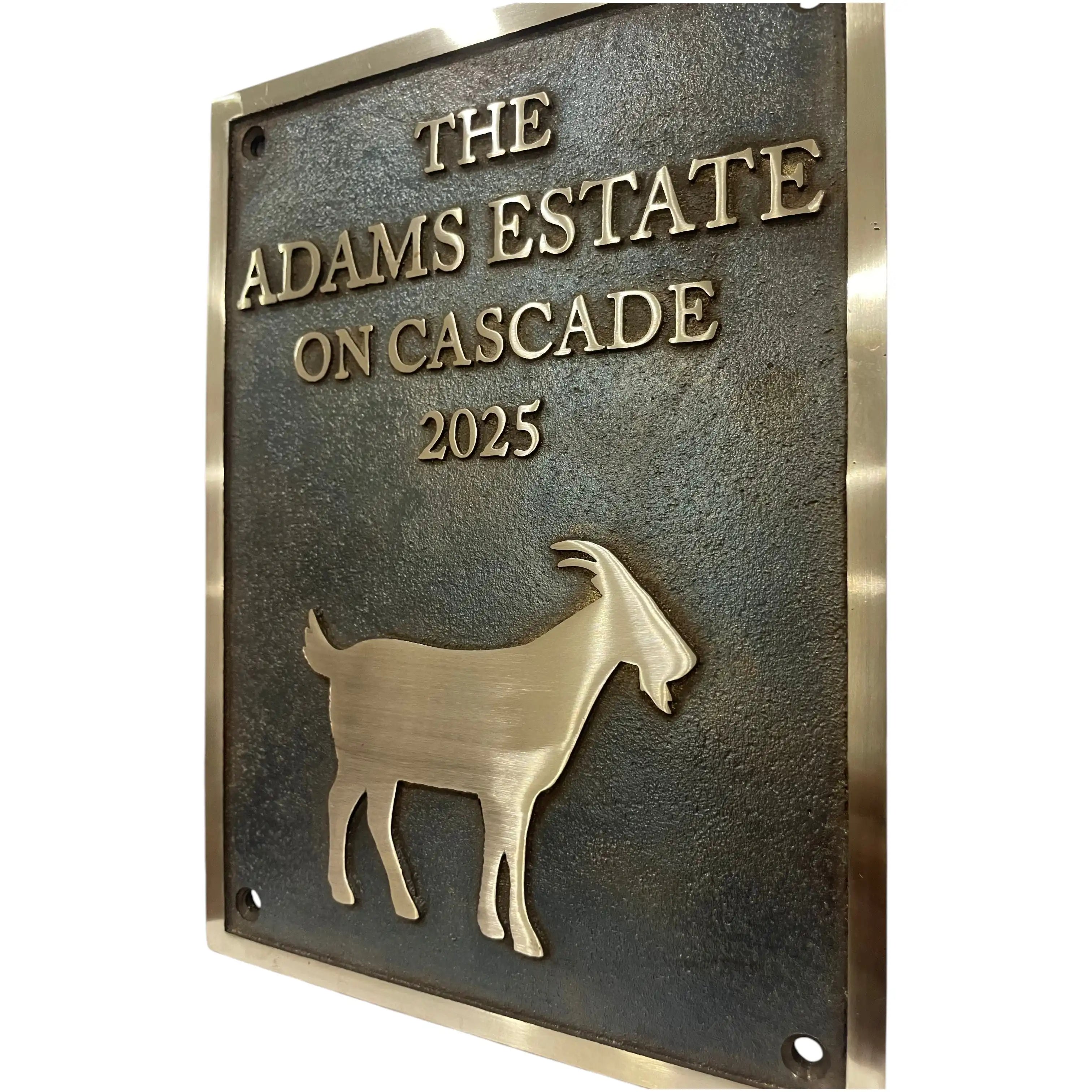 Custom bronze address plaques with 'The Adams Estate on Cascade 2025' and a goat silhouette.