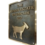 Custom bronze address plaques with 'The Adams Estate on Cascade 2025' and a goat silhouette.