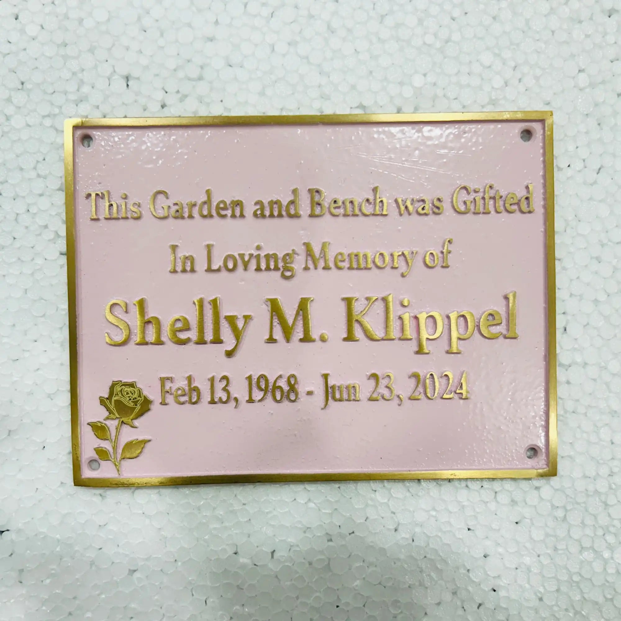 Memorial plaque for Shelly M. Klipple on a light background