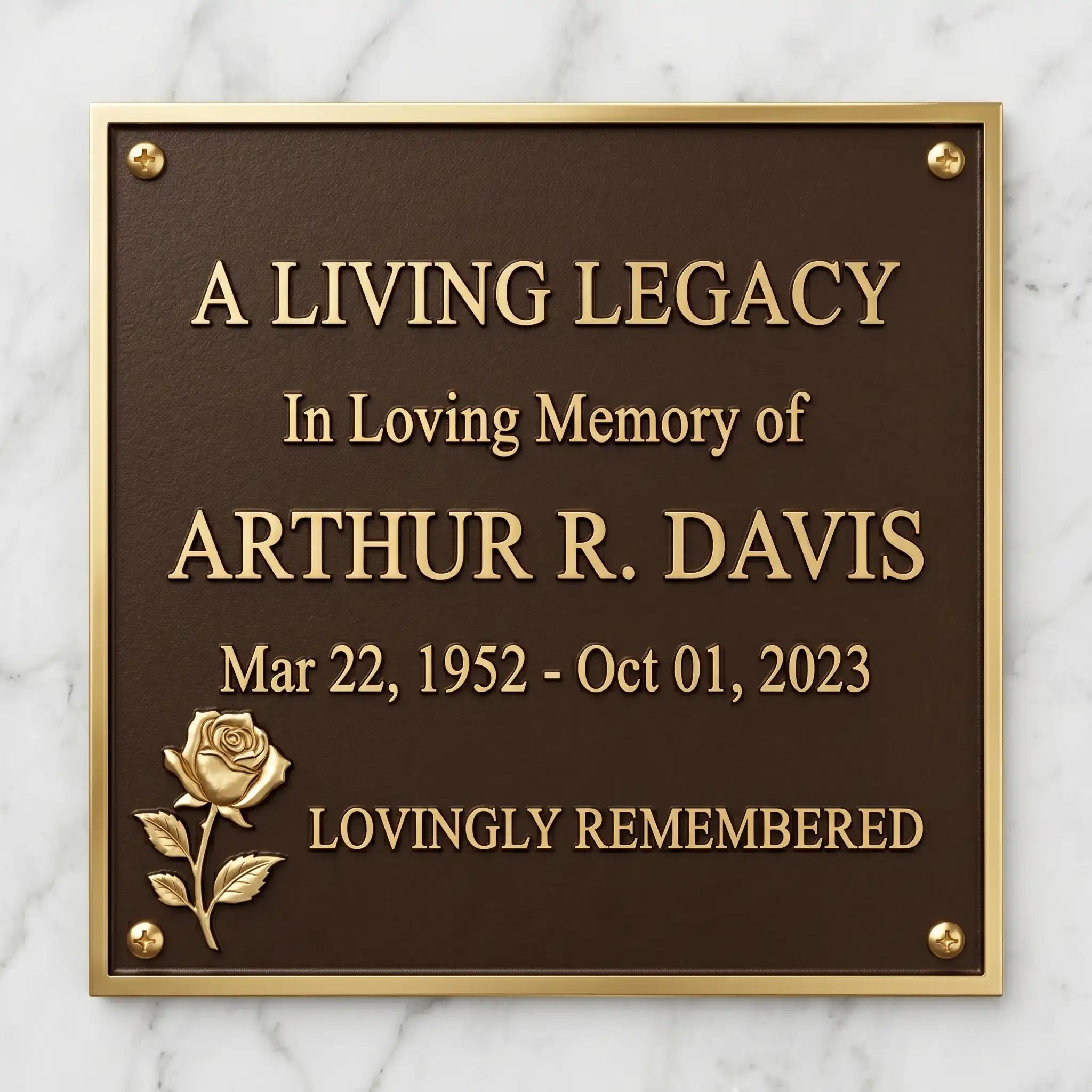 Memorial plaque for Arthur R. Davis with a rose emblem on a marble background