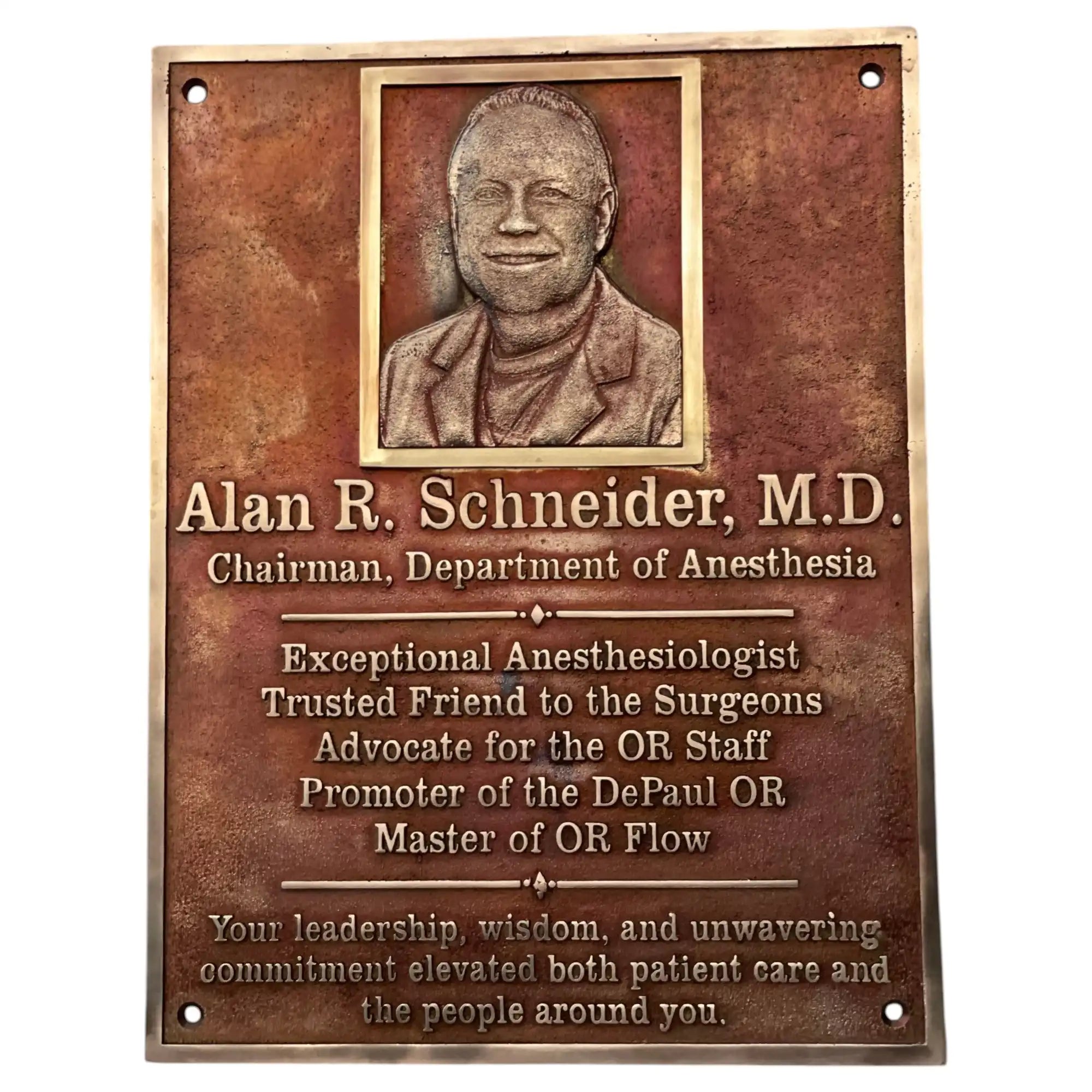Bronze plaque with a portrait and engraved text honoring Alan R. Schneider, M.D.