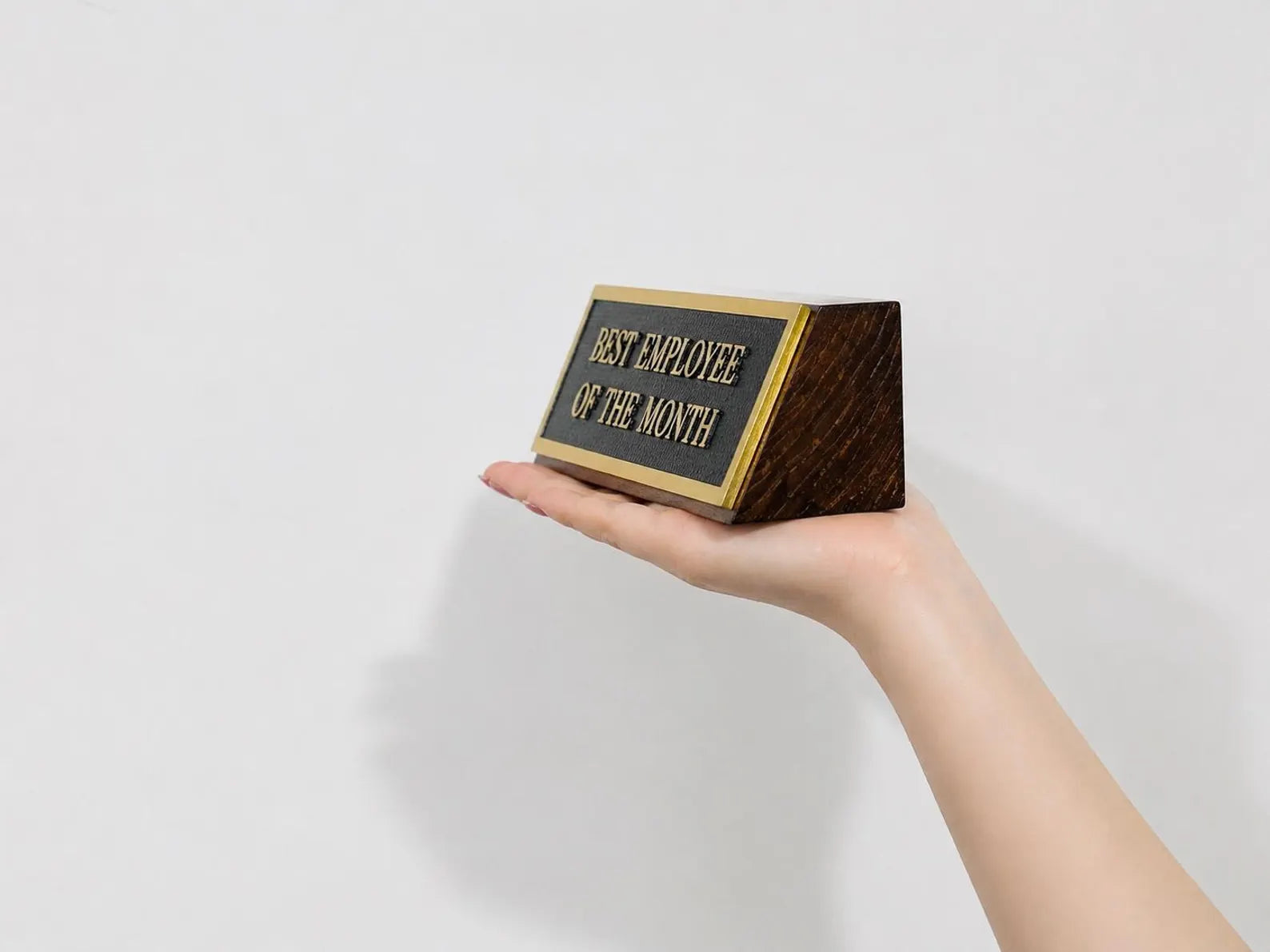 Hand holding a wooden plaque with 'Best Employee of the Month' on a light gray background