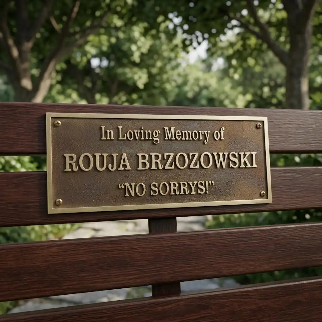 cast bronze bench plaque dilled on Wooden bench with text honoring Rouja Brzozowski and her quote 'No Sorrys!'.