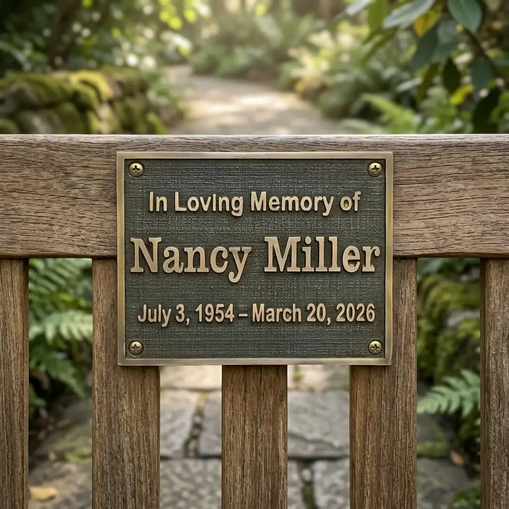 Memorial plaque for Nancy Miller on a wooden fence with a natural background