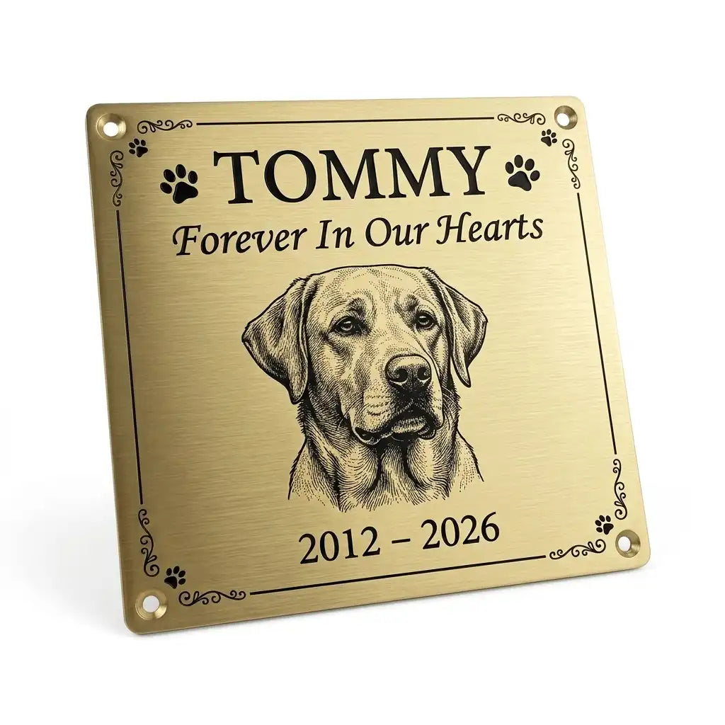 Brass Memorial plaque for a dog named Tommy with a portrait and years engraved on a white background