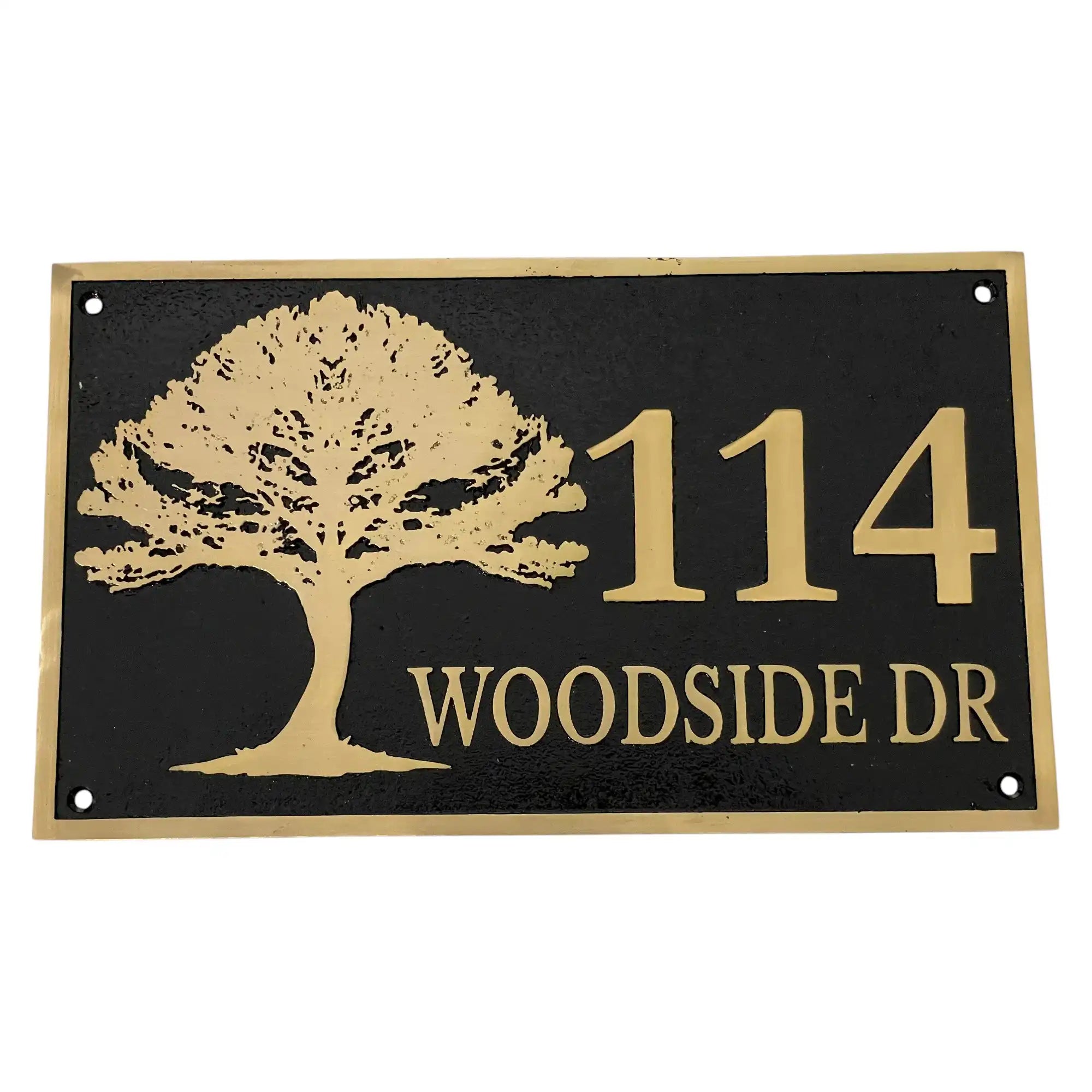 House number sign with tree design on a black background