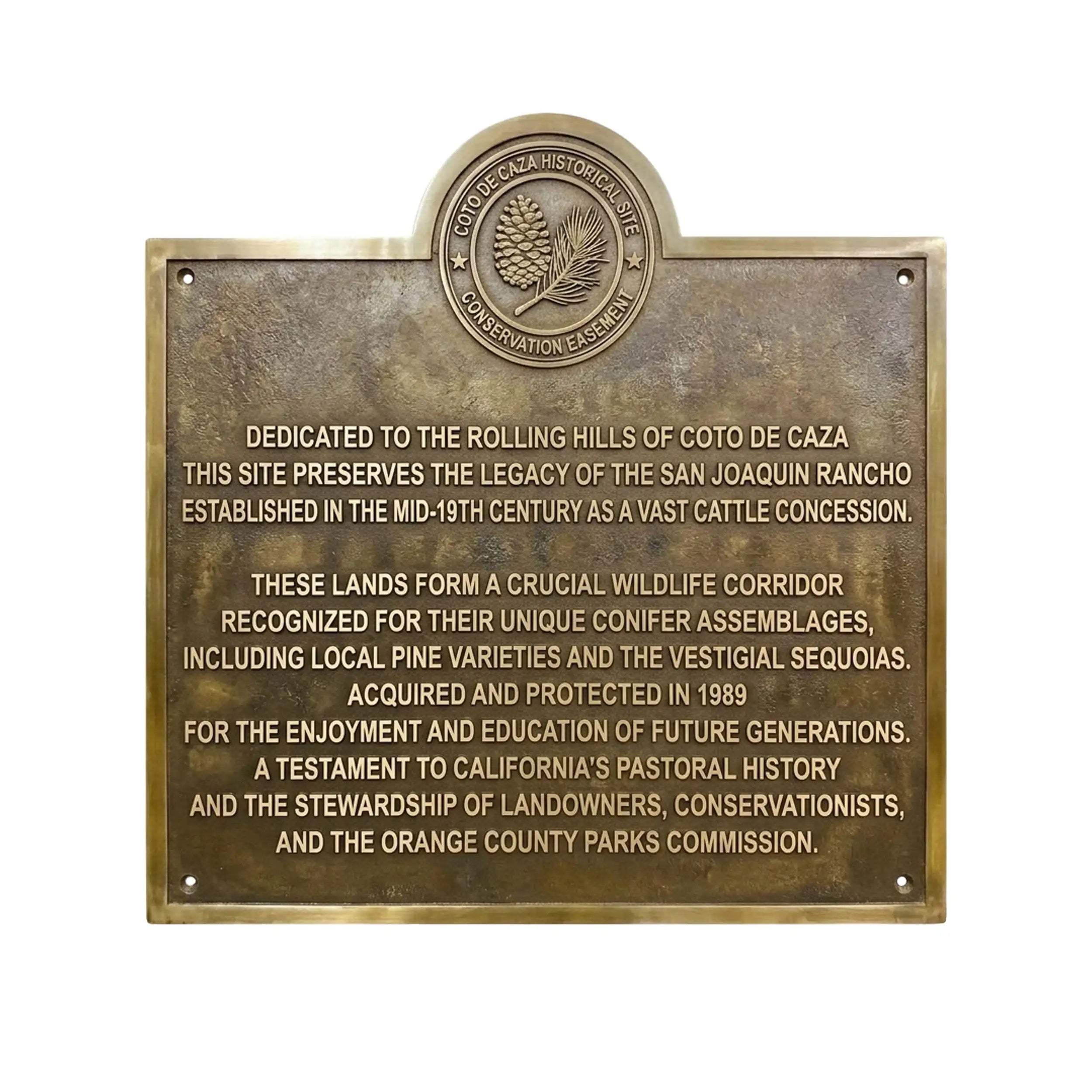 Bronze plaque commemorates the historic conservation of the San Joaquin Rancho in Coto de Caza, California. Here are a few details about this landmark