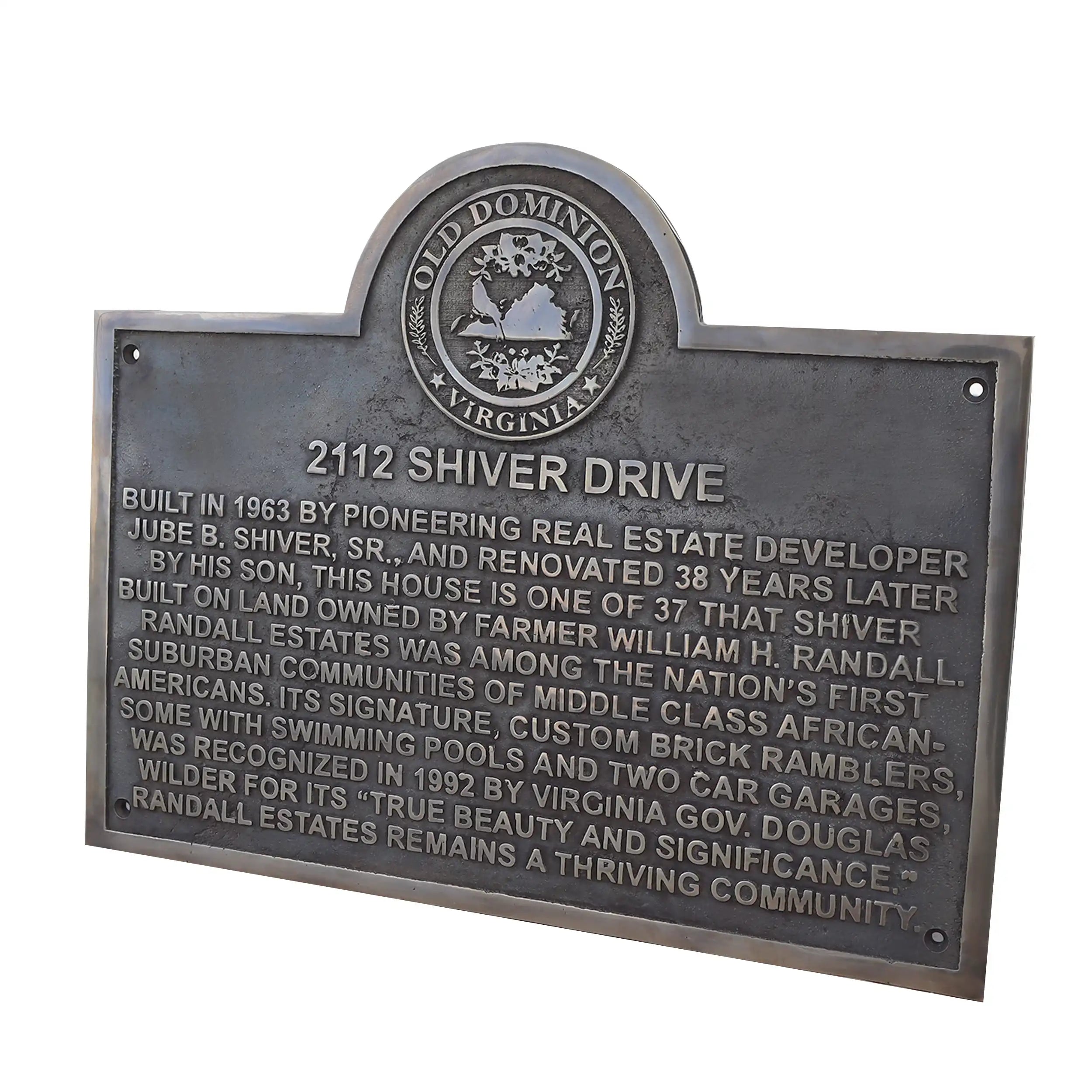 Bronze Historical plaque detailing the history of a house at 2112 Shiver Drive in Old Dominion, Virginia.