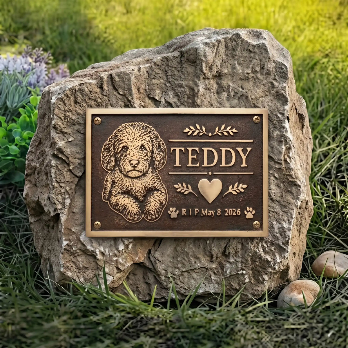 Memorial stone with a bronze plaque featuring a dog's portrait and name 'Teddy' on a grassy background.