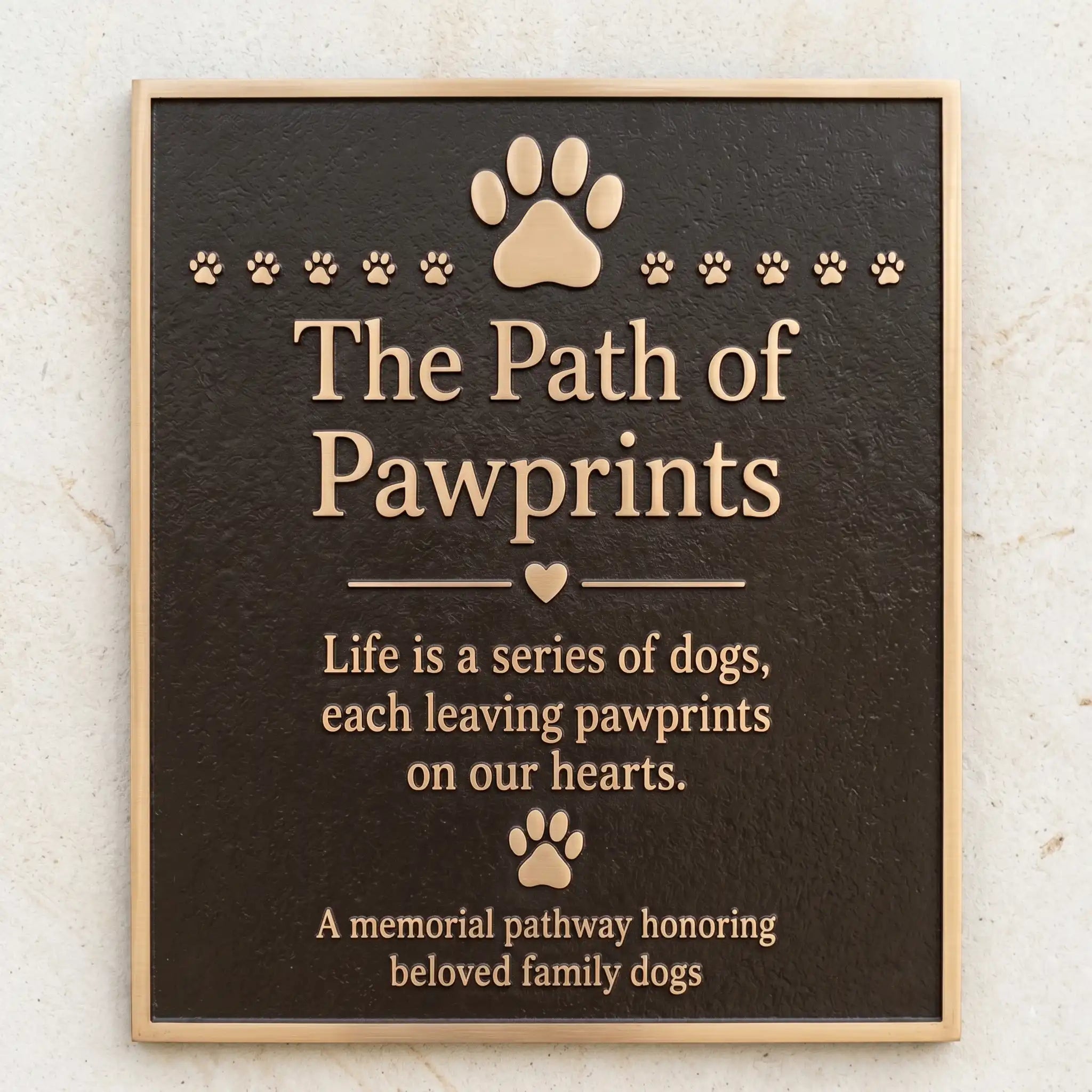 Bronze Pet Memorial plaque with paw prints and text on a textured wall background