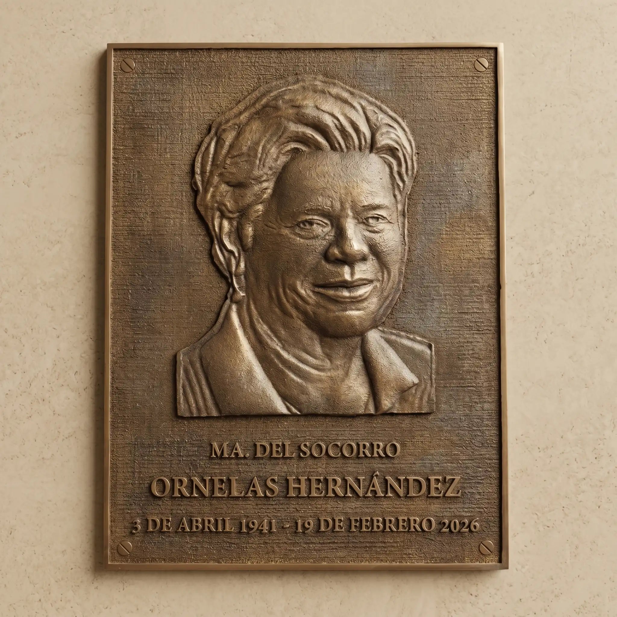 Bronze plaque with a portrait and engraved text on a beige wall