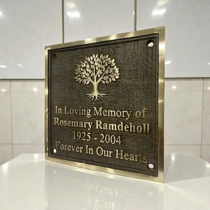 Memorial plaque with tree design and engraved text on a reflective surface.