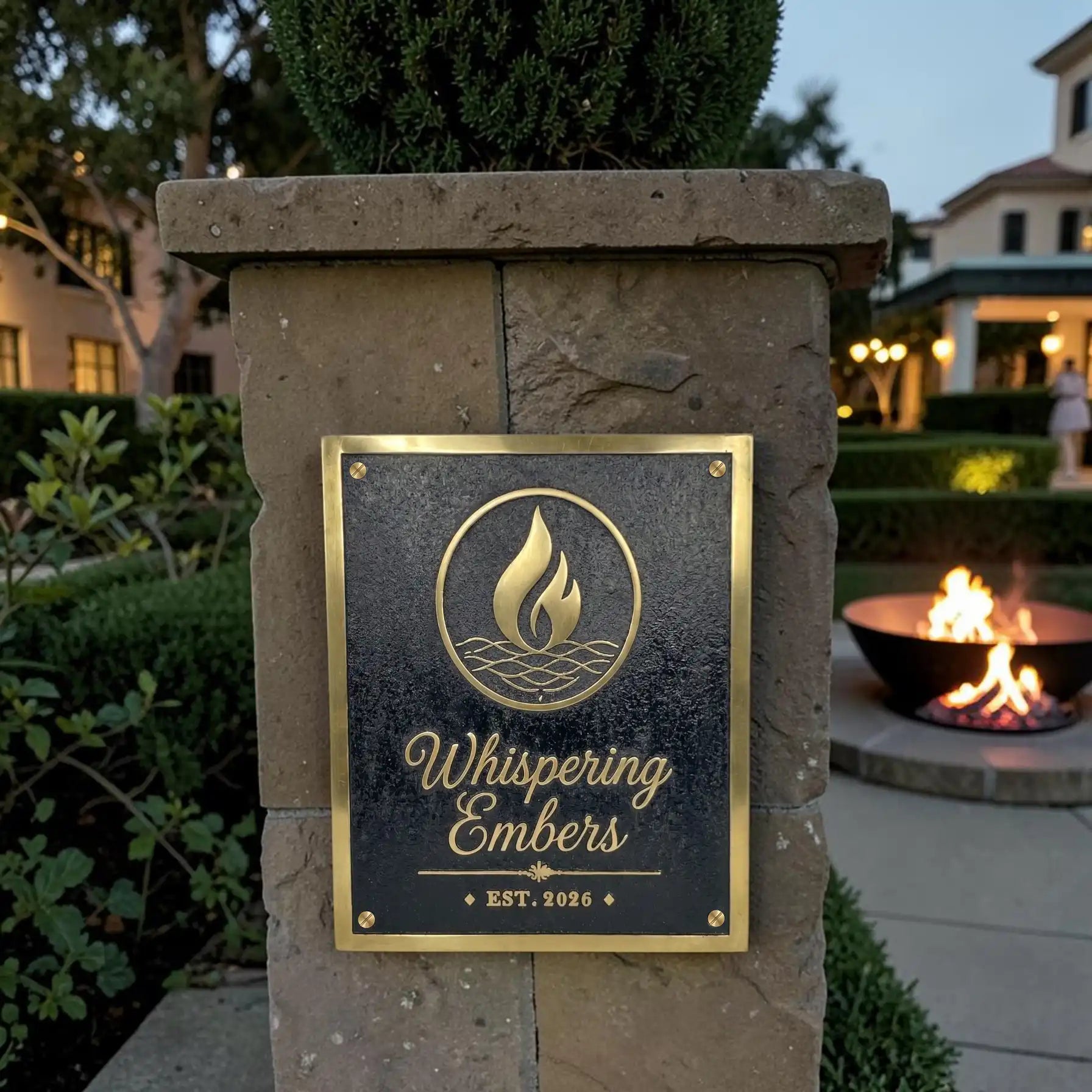 Decorative stone pillar with a gold and black plaque featuring 'Whispering Embers' branding in an outdoor setting.