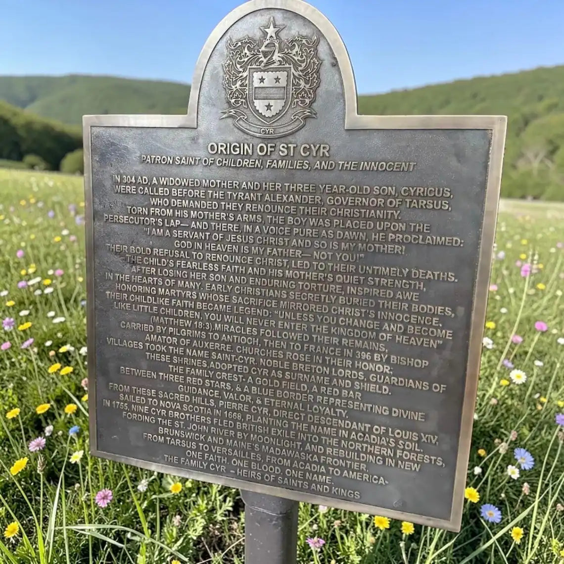 Bronze plaque with engraved text and emblem in a field of flowers and green hills.