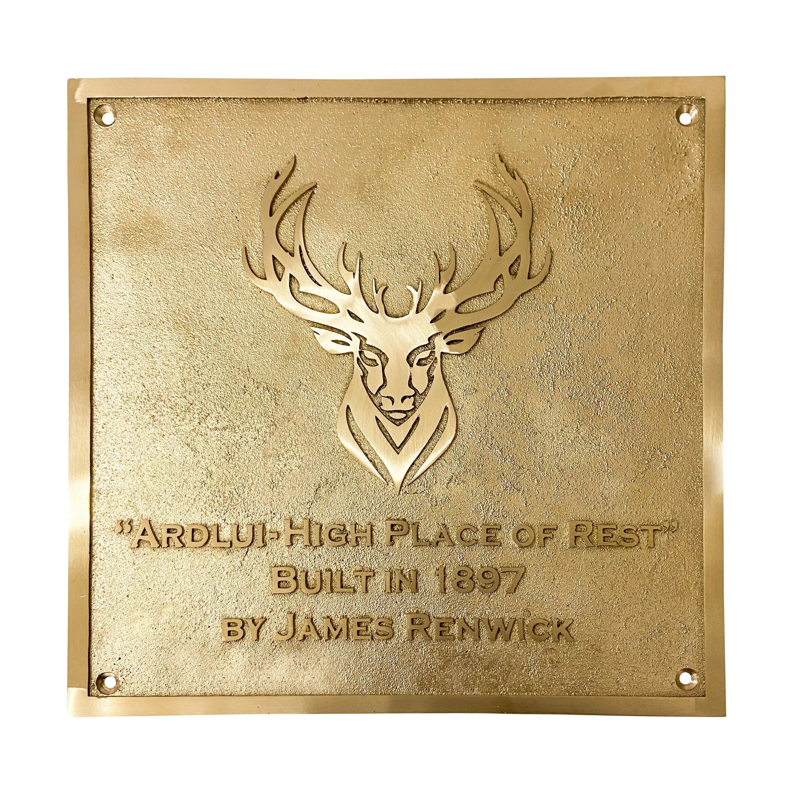 Custom Outdoor brass plate with Golden finish and deer emblem and text on background