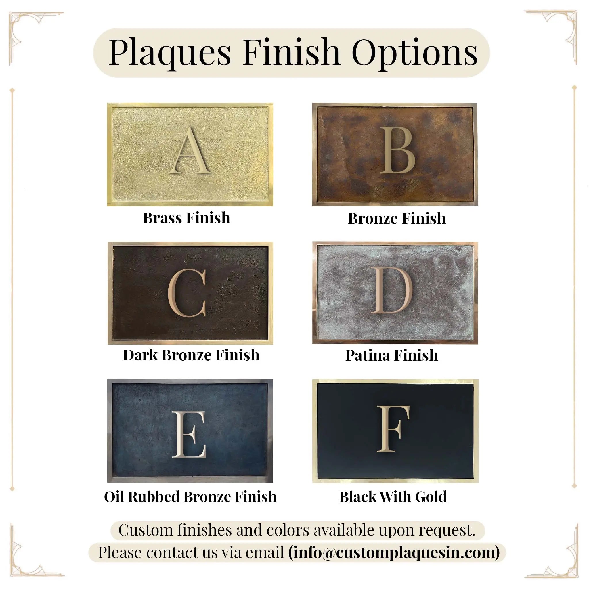 Brass and Bronze Plaque finish options with labels A to F on a white background