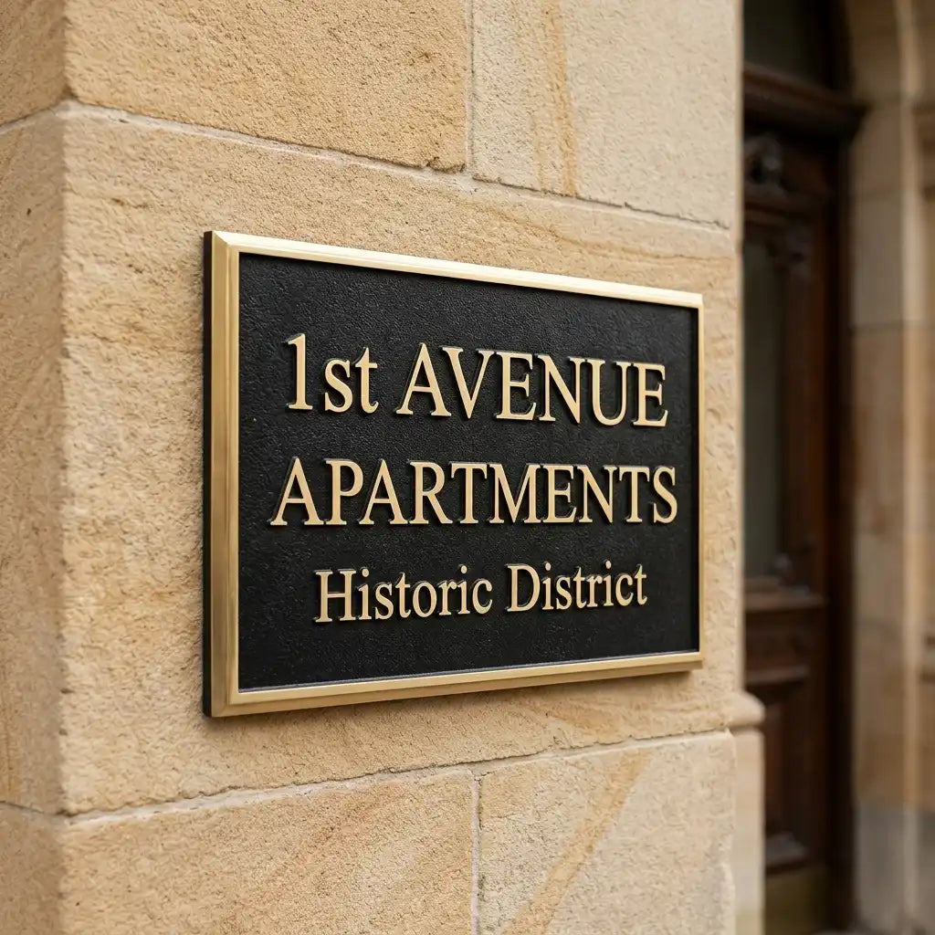 Address Sign for 1st Avenue Apartments in Historic District on a stone building.