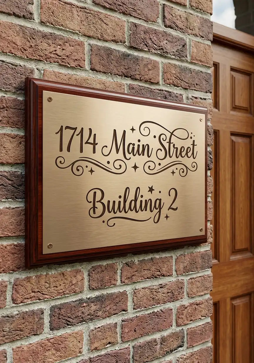 Brass address sign with text on a brick wall