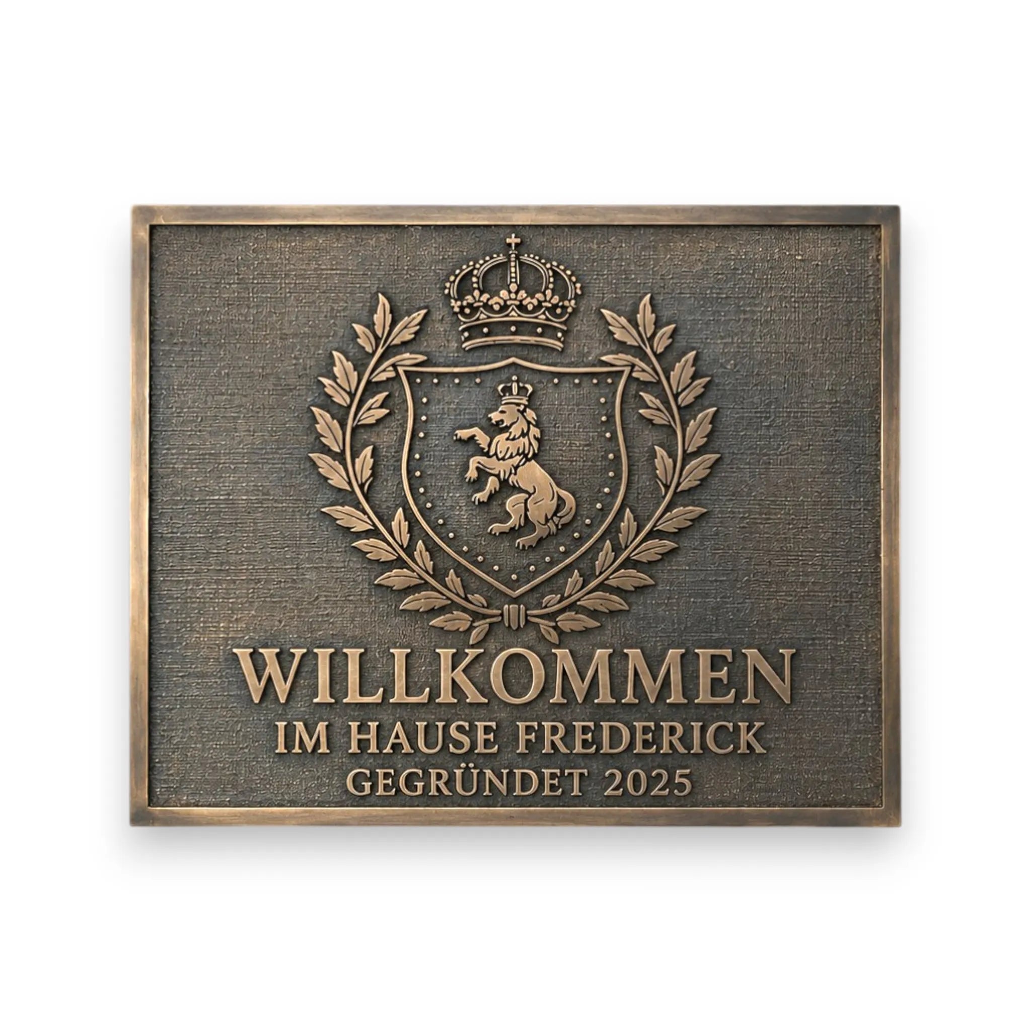 Bronzetafel mit Familienwappen – Detailansicht der Gravur