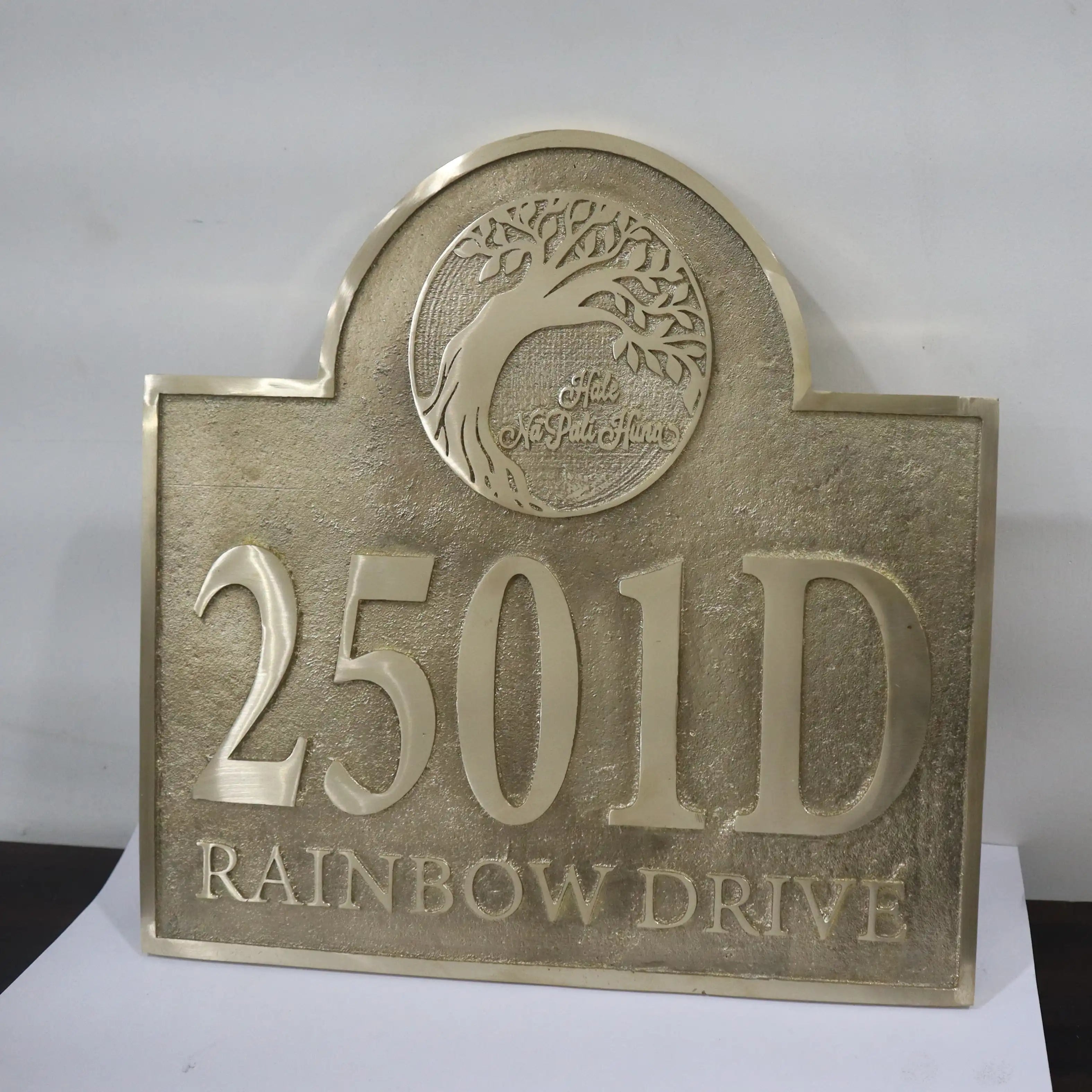 Bronze house number sign with '2501D' and 'Rainbow Drive' text on a white background